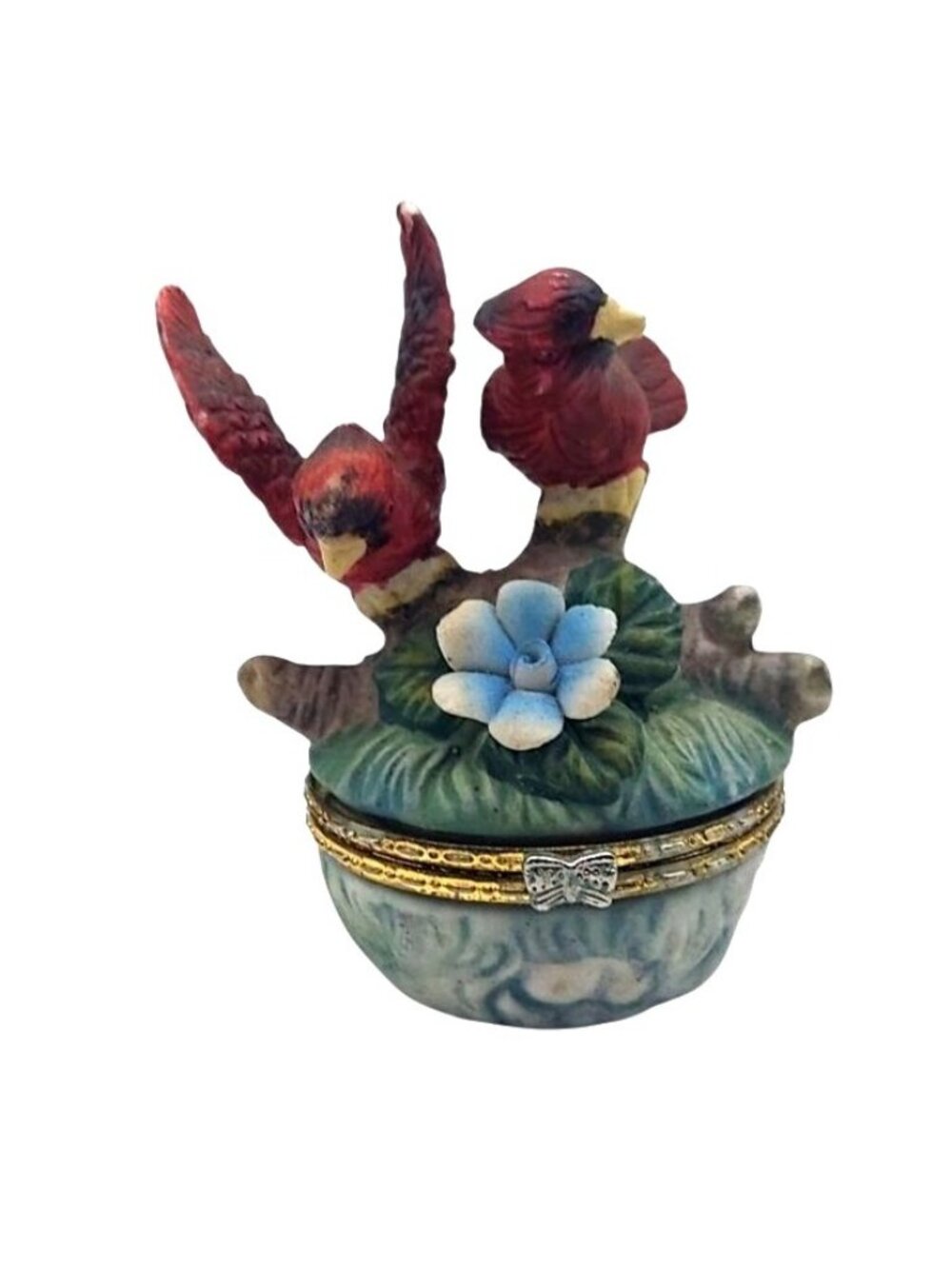 Red Cardinal Birds Trinket Box w/ Hinged Lid Hand Painted Floral Ceramic Vintage